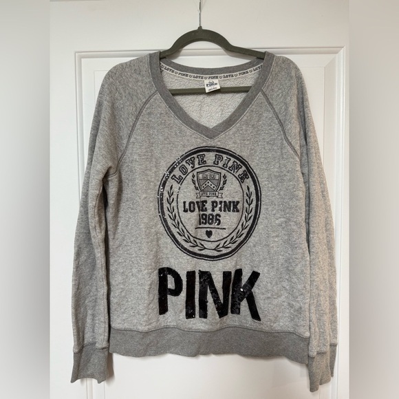 Victoria Secret Pink Sweatshirt Womens Size Large Color Gray Long Sleeves V Neck - Picture 1 of 4